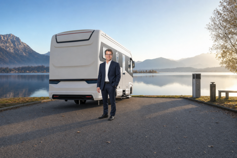 RV Tech Forschung Entwicklung: Professor Nosper am Premium-Reisemobil mit Studierenden