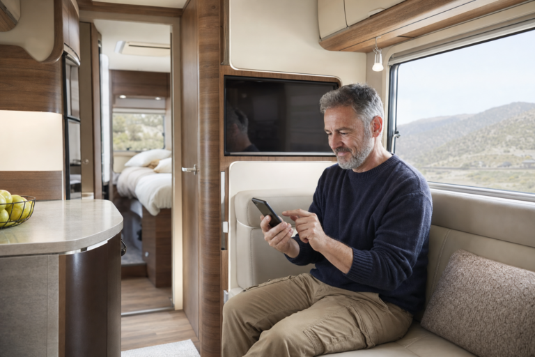 Ein Mann bedient sein Wohnmobil mit einer App auf seinem Smartphone